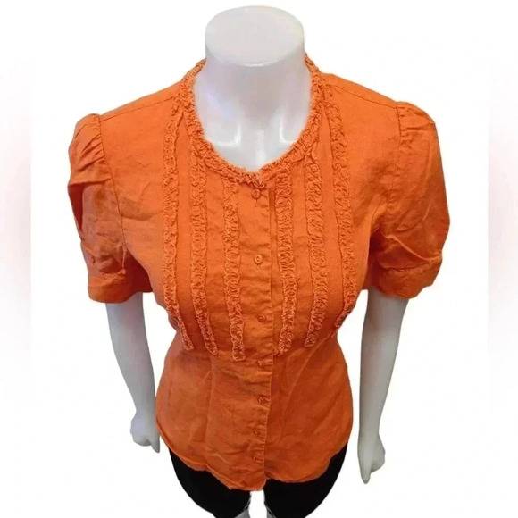 AK Anne Klein 100% Linen Ruffled Puff  Shoulders Button Down Top Size 8 - Picture 2 of 10